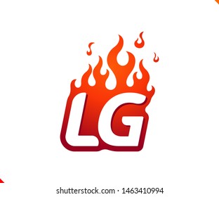 Uppercase initial logo letter LG with blazing flame silhouette,  simple and retro style logotype for adventure and sport activity.