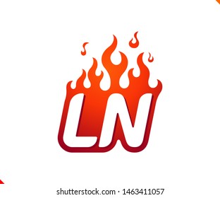 Uppercase initial logo letter LN with blazing flame silhouette,  simple and retro style logotype for adventure and sport activity.