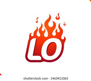 Uppercase initial logo letter LO with blazing flame silhouette,  simple and retro style logotype for adventure and sport activity.