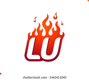 Uppercase initial logo letter LU with blazing flame silhouette,  simple and retro style logotype for adventure and sport activity.