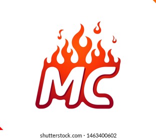 Uppercase initial logo letter MC with blazing flame silhouette,  simple and retro style logotype for adventure and sport activity.