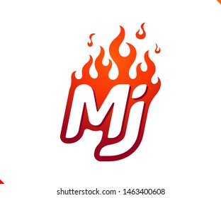 Uppercase initial logo letter MJ with blazing flame silhouette,  simple and retro style logotype for adventure and sport activity.