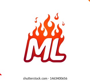 Uppercase initial logo letter ML with blazing flame silhouette,  simple and retro style logotype for adventure and sport activity.
