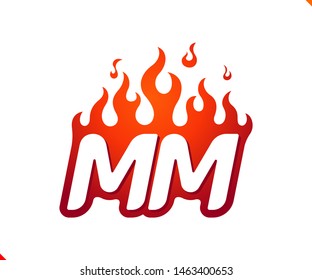 Uppercase initial logo letter MM with blazing flame silhouette,  simple and retro style logotype for adventure and sport activity.