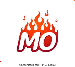 Uppercase initial logo letter MO with blazing flame silhouette,  simple and retro style logotype for adventure and sport activity.