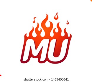 Uppercase initial logo letter MU with blazing flame silhouette,  simple and retro style logotype for adventure and sport activity.