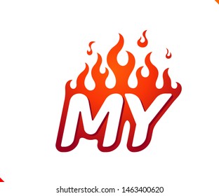 Uppercase initial logo letter MY with blazing flame silhouette,  simple and retro style logotype for adventure and sport activity.