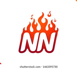 Uppercase initial logo letter NN with blazing flame silhouette,  simple and retro style logotype for adventure and sport activity.