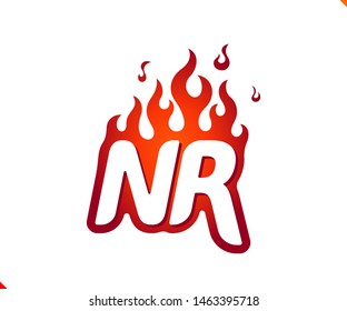 Uppercase initial logo letter NR with blazing flame silhouette,  simple and retro style logotype for adventure and sport activity.