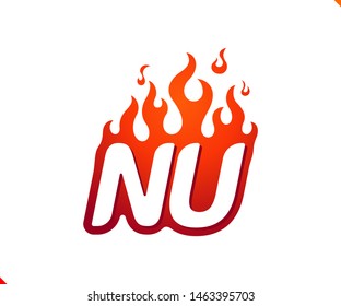 Uppercase initial logo letter NU with blazing flame silhouette,  simple and retro style logotype for adventure and sport activity.