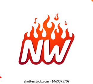 Uppercase initial logo letter NW with blazing flame silhouette,  simple and retro style logotype for adventure and sport activity.