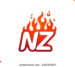 Uppercase initial logo letter NZ with blazing flame silhouette,  simple and retro style logotype for adventure and sport activity.
