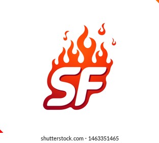 Uppercase initial logo letter SF with blazing flame silhouette,  simple and retro style logotype for adventure and sport activity.