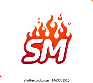 Uppercase initial logo letter SM with blazing flame silhouette,  simple and retro style logotype for adventure and sport activity.