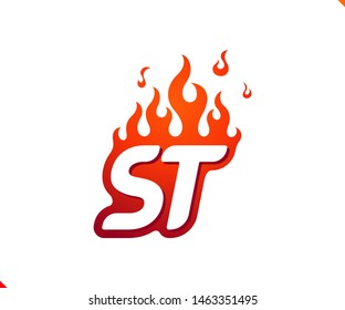 Uppercase initial logo letter ST with blazing flame silhouette,  simple and retro style logotype for adventure and sport activity.