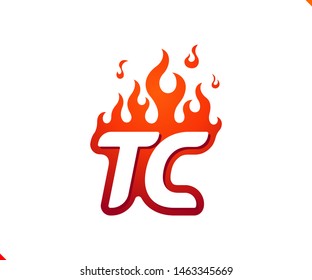 Uppercase initial logo letter TC with blazing flame silhouette,  simple and retro style logotype for adventure and sport activity.