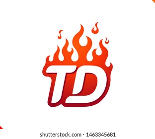 Uppercase initial logo letter TD with blazing flame silhouette,  simple and retro style logotype for adventure and sport activity.