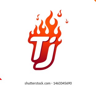 Uppercase initial logo letter TJ with blazing flame silhouette,  simple and retro style logotype for adventure and sport activity.