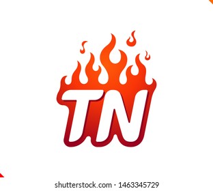 Uppercase initial logo letter TN with blazing flame silhouette,  simple and retro style logotype for adventure and sport activity.