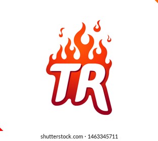 Uppercase initial logo letter TR with blazing flame silhouette,  simple and retro style logotype for adventure and sport activity.