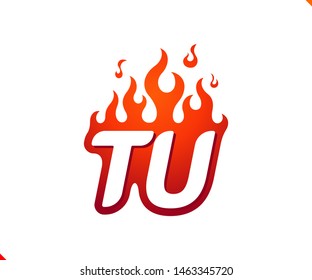 Uppercase initial logo letter TU with blazing flame silhouette,  simple and retro style logotype for adventure and sport activity.