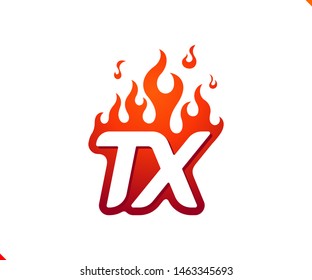 Uppercase initial logo letter TX with blazing flame silhouette,  simple and retro style logotype for adventure and sport activity.