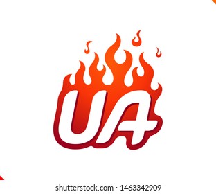 Uppercase initial logo letter UA with blazing flame silhouette,  simple and retro style logotype for adventure and sport activity.