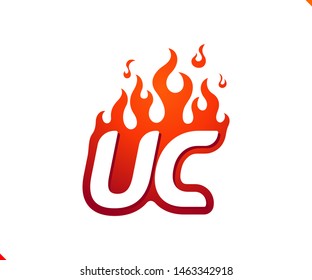 Uppercase initial logo letter UC with blazing flame silhouette,  simple and retro style logotype for adventure and sport activity.