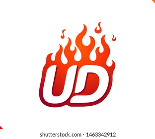 Uppercase initial logo letter UD with blazing flame silhouette,  simple and retro style logotype for adventure and sport activity.