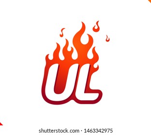 Uppercase initial logo letter UL with blazing flame silhouette,  simple and retro style logotype for adventure and sport activity.