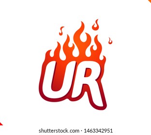 Uppercase initial logo letter UR with blazing flame silhouette,  simple and retro style logotype for adventure and sport activity.