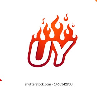 Uppercase initial logo letter UY with blazing flame silhouette,  simple and retro style logotype for adventure and sport activity.