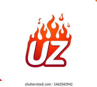 Uppercase initial logo letter UZ with blazing flame silhouette,  simple and retro style logotype for adventure and sport activity.