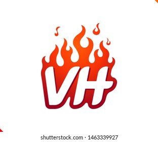 Uppercase initial logo letter VH with blazing flame silhouette,  simple and retro style logotype for adventure and sport activity.