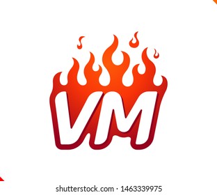 Uppercase initial logo letter VM with blazing flame silhouette,  simple and retro style logotype for adventure and sport activity.