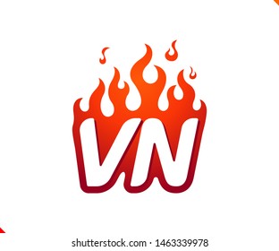 Uppercase initial logo letter VN with blazing flame silhouette,  simple and retro style logotype for adventure and sport activity.