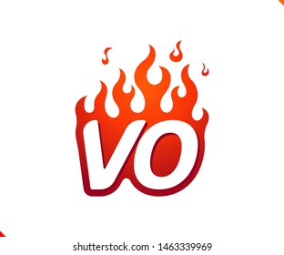Uppercase initial logo letter VO with blazing flame silhouette,  simple and retro style logotype for adventure and sport activity.