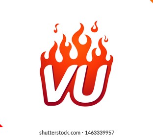Uppercase initial logo letter VU with blazing flame silhouette,  simple and retro style logotype for adventure and sport activity.