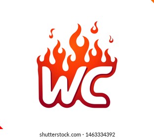 Uppercase initial logo letter WC with blazing flame silhouette,  simple and retro style logotype for adventure and sport activity.