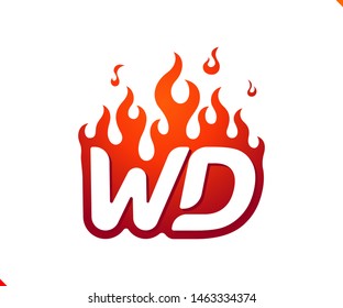 Uppercase initial logo letter WD with blazing flame silhouette,  simple and retro style logotype for adventure and sport activity.