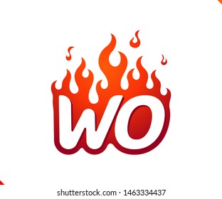 Uppercase initial logo letter WO with blazing flame silhouette,  simple and retro style logotype for adventure and sport activity.