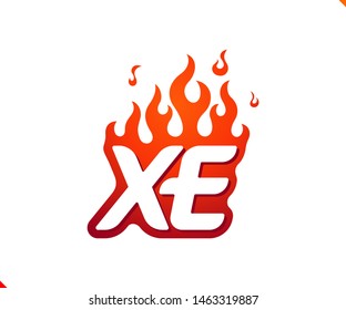 Uppercase initial logo letter XE with blazing flame silhouette,  simple and retro style logotype for adventure and sport activity.