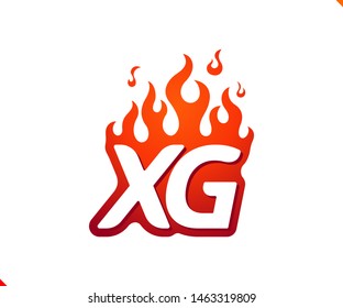 Uppercase initial logo letter XG with blazing flame silhouette,  simple and retro style logotype for adventure and sport activity.
