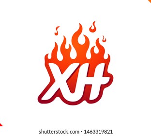 Uppercase initial logo letter XH with blazing flame silhouette,  simple and retro style logotype for adventure and sport activity.