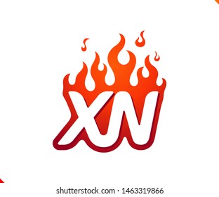 Uppercase initial logo letter XN with blazing flame silhouette,  simple and retro style logotype for adventure and sport activity.
