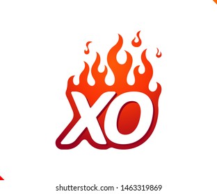 Uppercase initial logo letter XO with blazing flame silhouette,  simple and retro style logotype for adventure and sport activity.