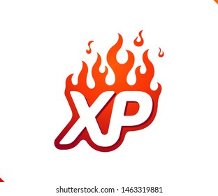 Uppercase initial logo letter XP with blazing flame silhouette,  simple and retro style logotype for adventure and sport activity.