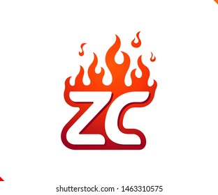 Uppercase initial logo letter ZC with blazing flame silhouette,  simple and retro style logotype for adventure and sport activity.