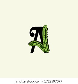   Uppercase initial.Lettering sign with nature element representing a cactus. Capital letter in green and balck isolated on light background.