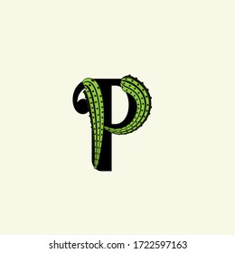  Uppercase initial.Lettering sign with nature element representing a cactus. Capital letter in green and balck isolated on light background.